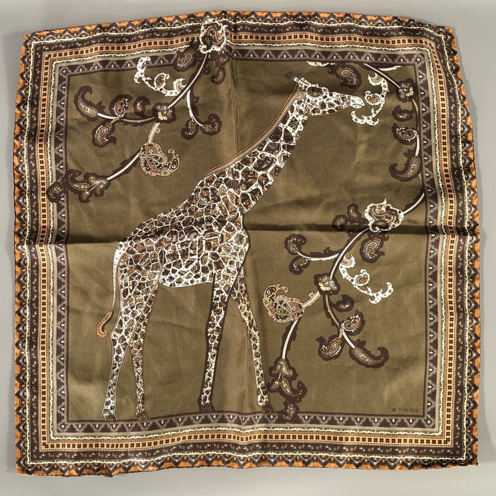 ETRO Green Brown Giraffe Silk Pocket Square